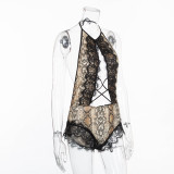 Women'S Leopard Lace Cutout Mesh Low Back Teddy Lingerie Bodysuit