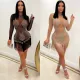 Summer Women'S Fashion Sexy Mesh Beaded Fringe Long Sleeve Ladies Dress