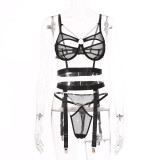 Sexy Hollow Metal Chain Three-Piece Garter Erotic Bra And Panty Lingerie Set