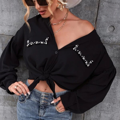 Women'S Spring And Autumn Long Sleeve Loose Shirt Women'S Mid-Length Beaded Top