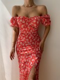 Women'S Off Shoulder Dress Classic Floral Elegant Slim Fit Slit Dress