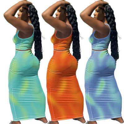 Women'S Tie-Dye Sexy U-Neck Tank Top Skirt Two Piece Set