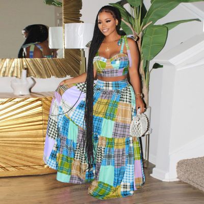 Summer Women'S Fashion Plaid Print Lace-Up Strap Crop Top Skirt 2-Piece Set