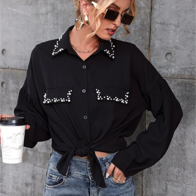 Women'S Spring And Autumn Long Sleeve Loose Shirt Women'S Mid-Length Beaded Top