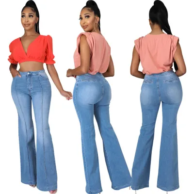 Trendy Patchwork Washed Denim Stretch Slim Bell Bottom Pants Flared Jeans