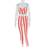 Women'S Stripe Print V-Neck Crop Camisole High Waist Basic Pants Fashion Outfit