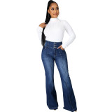 Trendy Patchwork Button Up High Waist Washed Denim Stretch Slim Bell Bottom Pants Flared Jeans