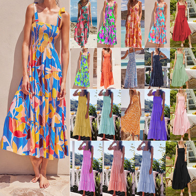 Summer Women'S Holidays Sling Lace-Up Print Long Dress