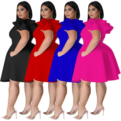 Spring/Summer Plus Size Women's Solid Color Ruffle Dress