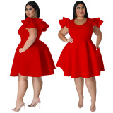 Spring/Summer Plus Size Women's Solid Color Ruffle Dress