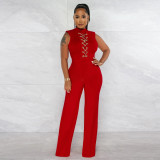 Women's Fashion Solid Lace-Up Casual Round Neck Sleeveless Jumpsuit