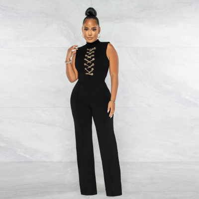 Women's Fashion Solid Lace-Up Casual Round Neck Sleeveless Jumpsuit