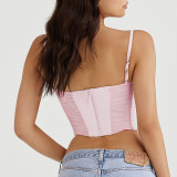 Women's summer sexy fishbone Crop pleated short mesh vest suspenders women