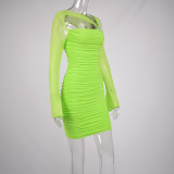 Womens Sexy Mesh Cutout See-Through Pleated Bell Bottom Sleeve Bodycon Dress