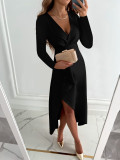 Autumn Winter Long Sleeve V Neck Gathered Hem Slit Dress