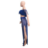 Summer Cutout Sexy Fashion Mesh Tassels See-Through Two Piece Suit Women