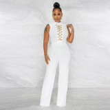 Women's Fashion Solid Lace-Up Casual Round Neck Sleeveless Jumpsuit