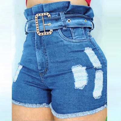 Women Blue High Waist Lace Ripped Shorts-with belt