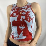 Summer Women Ink Character Print Sleeveless Round Neck Casual T-Shirt