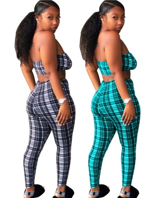 Women Sexy Vintage Plaid Crop Top+ Trousers Two-Piece Set