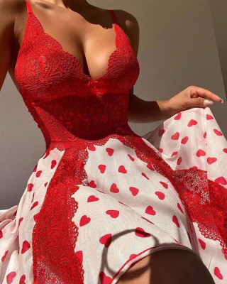 Womens Heart Print Print with lace Sleeveless Dress