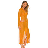 Women Summer Sexy Long Sleeve See-Through Solid Color Button Open Slit Long Skirt