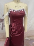 Women Solid Off Shoulder Maxi Slit Dress Dress