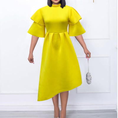 Women Double Layer Ruffle Sleeve Solid Swing Dress Dress