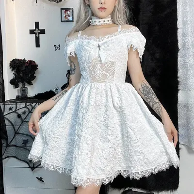 Women Halloween Goth Lace Short Sleeve Dress