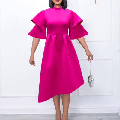 Women Double Layer Ruffle Sleeve Solid Swing Dress Dress