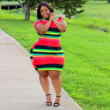 Plus Size Women Summer Short Sleeve Striped Colorblock Dress