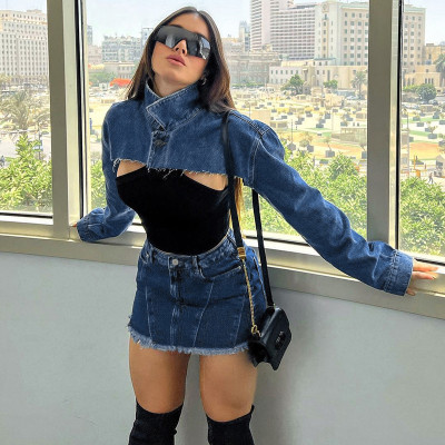 Style Trendy Women Long Sleeve Crop Denim Jacket