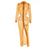 Women Summer Sexy Long Sleeve See-Through Solid Color Button Open Slit Long Skirt