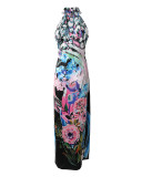 Women Floral Print Cutout Halter Neck Sleeveless Dress Beltless