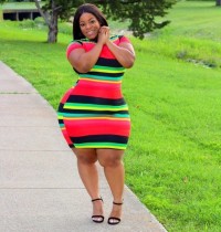 Plus Size Women Summer Short Sleeve Striped Colorblock Dress