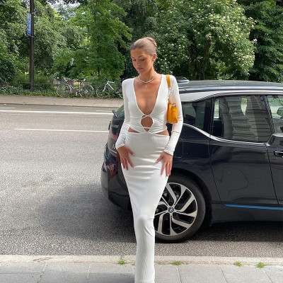 Summer Women'S Sexy Cutout Long Sleeve V-Neck Slim Long Dress