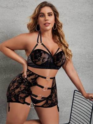 Sexy Black Lace Strap Bra And Panty Skirt Three Lingerie Set