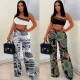 Sexy Slim Print Slash Shoulder Sleeveless Crop Top Pants Two-Piece Nightclub Suit