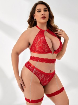 Sexy Red Lace Three-Piece Garter Erotic Bra And Panty Lingerie Set