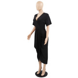 Women Summer V-Neck Short Sleeve Pleated Slit Dress