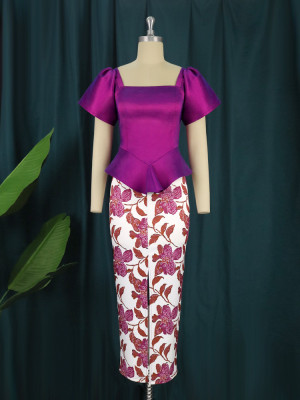 Women Square Neck Lantern Sleeves Irregular Top+ Printed Slit Skirt Two Piece Set
