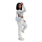 Women Casual Long Sleeve Crop Top+ Pants Two Piece