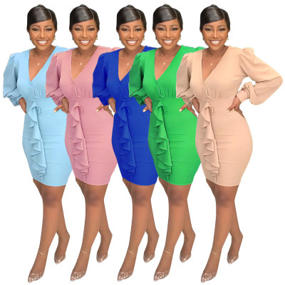 Women Solid Color Sexy V-Neck Ruffle Bodycon Dress