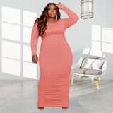 Plus Size Women Solid Round Neck Long Sleeve Dress