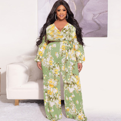 Plus Size Fall Casual Floral Print Belted Long Sleeve Loose Jumpsuit