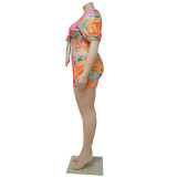 Plus Size Women Casual Cut Out Lace-Up Print Top+ Shorts Two-Piece Set