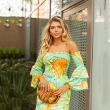 Women Spring/Summer Tie Dye Off Shoulder Puff Sleeve Long Dress