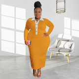 Plus Size Women Contrast Turndown Collar Long Sleeve Dress