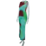 Women Tie-Dye Print Slit Sleeveless Dress