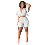 Women Summer Ruffle Short V-Neck Top+ Casual Shorts Two-Piece Set